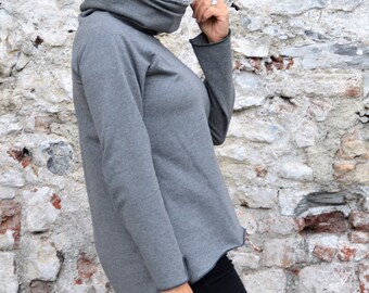Organic Cotton High Neck Sweatshirt - Handmade Gray Sweater