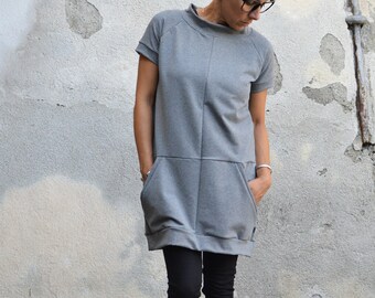 Organic Cotton Tunic Dress, Minimalist Grey Sweatshirt Dress