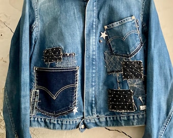 Upcycled Levi's Denim Jacket with Sashiko Patches and Star Appliqués – Size M