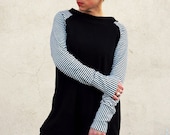 Sporty casual dress in light cotton sweater with stripes sleeves and boat neck