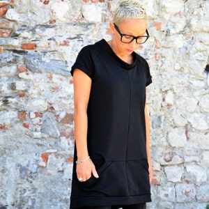 Minimal black dress for women, sustainable fashion, short sleeve dress in organic cotton