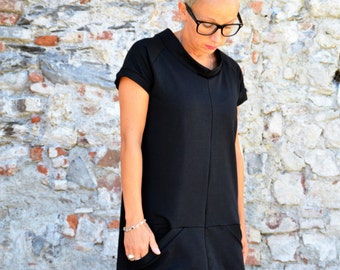 Minimal black dress for women, sustainable fashion, short sleeve dress in organic cotton