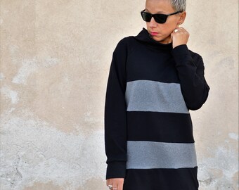 Organic Cotton Tunic Sweatshirt Dress: Colorblock Oversized Sweater