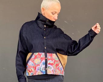Italian Velvet Oversized Jacket | Floral Denim, Stand Collar, Snap Closures