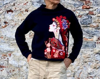 Organic Cotton Sweatshirt: Japanese Patch, High Collar, Handmade in Italy