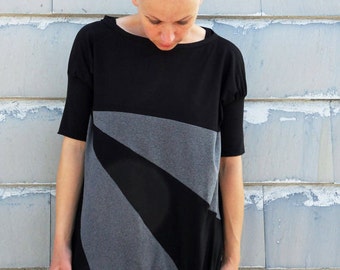 Oversized Organic Cotton T-Shirt Dress: Black & Grey Patchwork