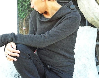 Dark Grey Organic Cotton Sweatshirt with a Slightly Higher Collar