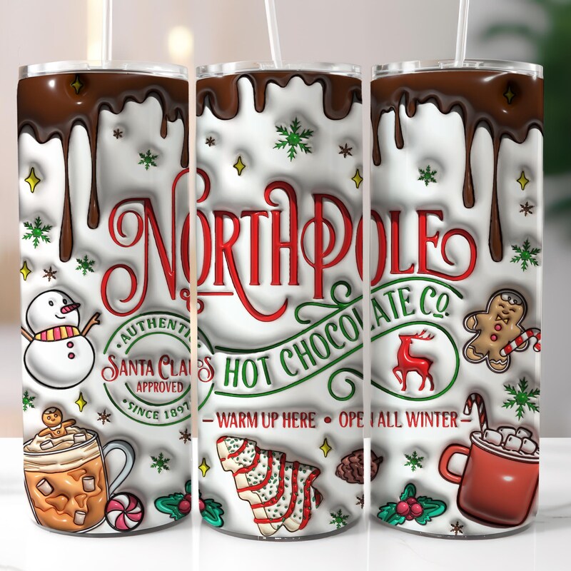 Personalized Christmas Skinny Tumbler - North Pole Hot Chocolate Christmas Tumbler Santa Travel Cup Holiday Xmas Tumbler Friends Women Men Custom Name