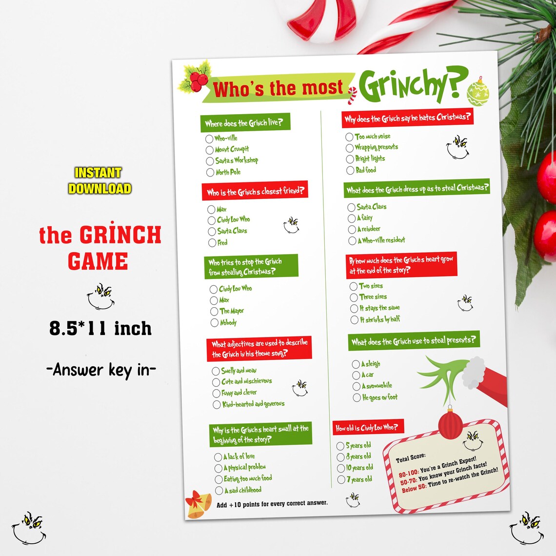 Christmas Game Printable Grinch Trivia Movie Digital Grinch Holiday ...