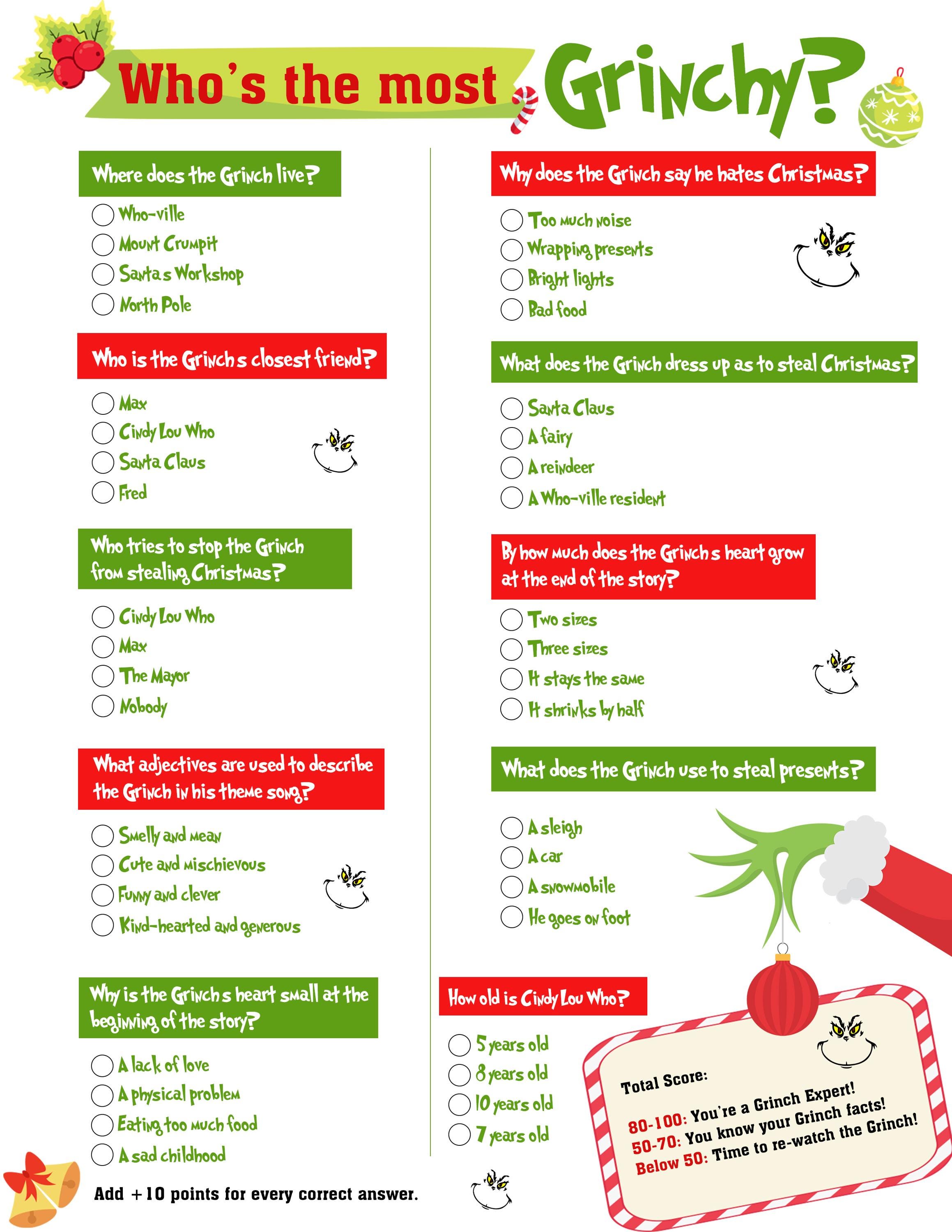 Christmas Game Printable Grinch Trivia Movie Digital Grinch Holiday ...