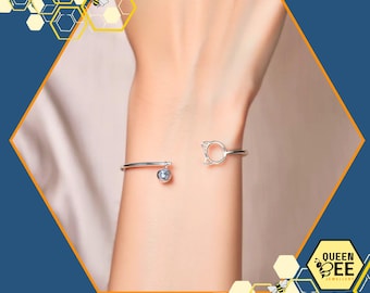 Cat Ear Sterling Silver Bangle – Adjustable Open Cuff Bracelet with Bell Charm
