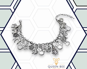 Silver Dog Charm Bracelet: Paw Prints & Bone Charms
