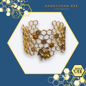 Gold Honeycomb Cuff Bracelet with Bee & Crystal Accents – Statement Insect Jewelry