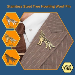 Stainless Steel Tree Howling Wolf Pin: Nature-Inspired Wolf Brooch