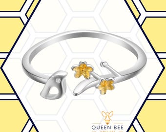 Sterling Silver Adjustable Bird & Floral Ring – Nature-Inspired Open Band Jewellery