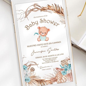Spanish Boho Bear Baby Shower Evite Invitation Boy Digital, Spain Baby Shower Teddy Bear Invites Template Editable, Instant Download | MM012