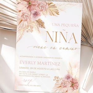 Spanish Pink Pampas Baby Shower Invitation Girl, Spain Baby Shower Invite, Es Nina Baby Shower Invitation Floral, Digital Download | MM024