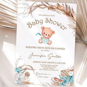 Faire-part de fête prénatale bohème en Espagne avec ours en peluche espagnol, invitations de fête de naissance ours en peluche marron en téléchargement numérique, cartes de vœux pour bébé | MM012