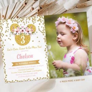 Minnie Mouse 3rd Birthday Invitations Digital, Third Birthday Girl Invite with Picture, Pink Gold Minnie Birthday Invitation 3 Years | MM022