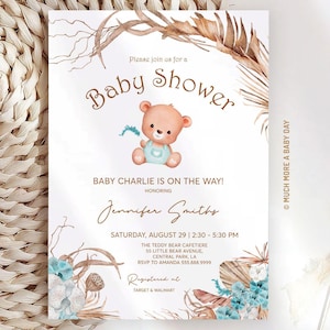 Invito per baby shower Boho Teddy Bear per bambino modificabile, invito rustico autunnale digitale per baby shower, invito orso bruno neutro da scaricare / MM012
