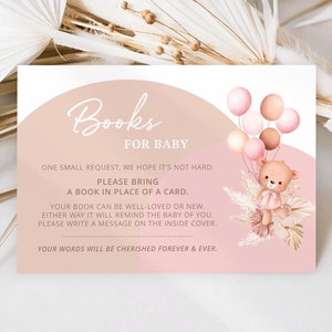 Roze beer babyshowerboeken voor baby insteeksjabloon, teddybeerballon meisje babyshoweruitnodiging Details kaart, boekverzoekkaart | MM044