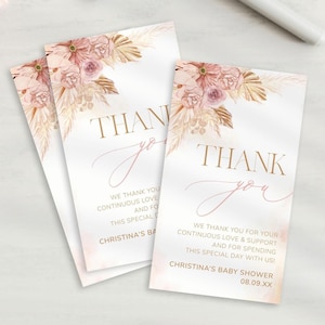 Boho Pampas Baby Shower Thank You Gift Tag Template, różowe kwiatowe etykiety na upominki na Baby Shower, naklejki z podziękowaniami na Baby Shower | MM024