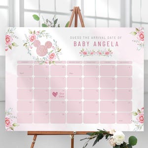 Jeu d'affiches florales roses pour baby shower Minnie Mouse, jeu de cartes Devinez la date d'arrivée de bébé, Imprimable affiches de fête Minnie or rose | MM003