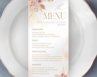 Blush Pink Pampas Baby Shower Food Menu Card, Editable Template, Table Party Decor, Boho Floral Baby Shower Girl, Digital Download | MM024