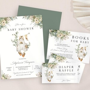 Salbei grünes Tuch Babyparty Einladung Set, Neutral Greenery Babyparty Einladungs Set Digital, Wäscheleine einladen bearbeitbare Vorlage | MM020