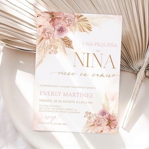 Spaanse roze pampa babyshower uitnodiging meisje, Spanje babyshower uitnodiging, Es Nina babyshower uitnodiging bloemen, digitale download | MM024
