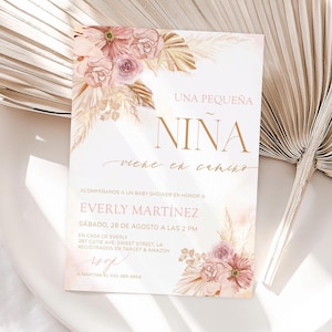 Rosa Blumen Spanische Babypartyeinladung Mädchen Español, Es Nina Invitaciones De Baby Blume Einladen Karte, bearbeitbare Vorlage Download | MM024 Bild 1