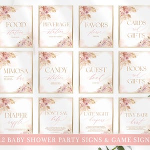 Fall Floral Pink Pumpkin Baby Shower Signs Bundle, Girl Baby Shower Games Sign Package Signage Bundle Table Sign Decorations Digital | MM028
