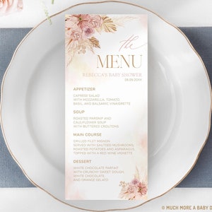 Boho pampa meisje baby shower menukaart, blush roze bloemen babyshower eten menusjabloon, tafel party decor bewerkbare Instant Download | MM024