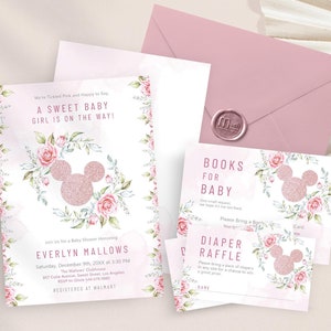 Rose Gold Minnie Maus Baby Shower Einladung Digital, Mädchen-Babyparty lädt druckbare ein, Bücher für Baby Karte, Windel Spielvorlage | MM003