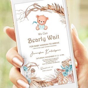 Boho Bearly Wait Baby Shower Invitations Boy Digital, Teddy Bear Evite Baby Shower Invites Boy, Brown and Green, Editable Template | MM012