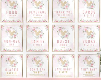 Minnie Mouse Pink and Gold Baby Shower Game Sign Bundle Girl, Blush Pink Floral, Table Signage, Editable Template, Digital Download | MM001