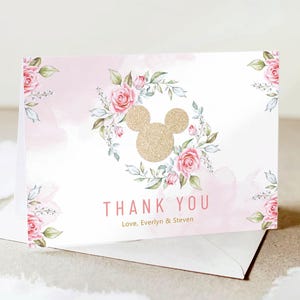 Descarga de agradecimiento para baby shower de Minnie Mouse, tarjeta de agradecimiento rosa y dorada, plantilla de agradecimiento plegada, tarjetas de presentación instantáneas / MM001