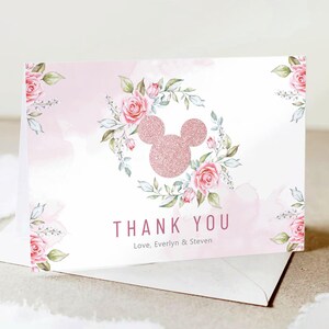 Modelo de agradecimento da Minnie Mouse, cartão de agradecimento dobrado, cartão de agradecimento plano, cartão de lugar para chá de bebê da Minnie em ouro rosé, download instantâneo | MM003