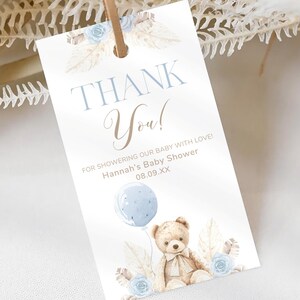 Modello per etichetta di ringraziamento per baby shower con palloncino orso blu, adesivi di ringraziamento, etichette di ringraziamento, etichette digitali per bomboniere per baby shower per bambini / MM030
