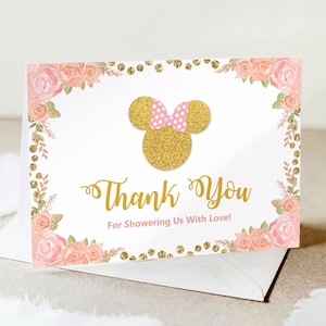 Modello per biglietti di ringraziamento per baby shower a tema Minnie Mouse, biglietti di ringraziamento con fiori rosa e oro, segnaposto, biglietti pieghevoli, download digitale / MM004