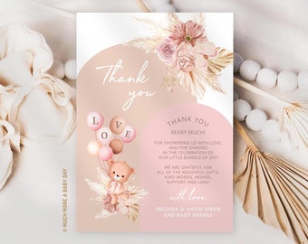 Teddybär Danke Beary viel Hinweiskarten, Boho Pampas Bär Babyparty Dankeschön-Vorlage, rosa Bär Ballon Flach Dankeschön-Karte | MM044