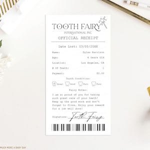 Editable Tooth Fairy Receipt Printable, Black Toothfairy Receipt Note, Realistic Tooth Fairy Letter Certificate Boy Girl, First Lost Tooth