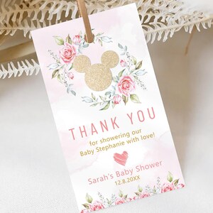 Modello per etichetta regalo di ringraziamento per baby shower con motivo floreale rosa di Minnie Mouse, etichette per bomboniere per baby shower in oro rosa per bambina, etichette adesive di ringraziamento / MM001
