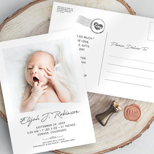Editable Minimalist Birth Announcement Template, Baby Shower Thank You Postcard, Newborn Announcement Photo Double Sided Digital Heart Stamp