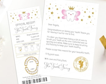Pink Tooth Fairy Letter & Receipt Set Editable Template, First Lost Tooth Fairy Note Message Digital, Toothfairy Letter Certificate for Girl