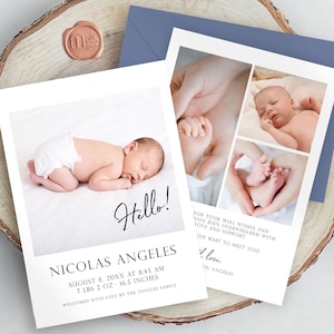 Hello Baby Shower Thank You Photo Cards Template, Newborn Birth Announcement Printable, Baby Arrival Card, Editable Instant Digital Download