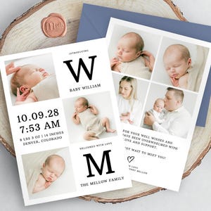 Neutral Baby Shower Photo Thank You Card, Monogram Birth Announcement Photo Template, Baby Photo Collage, Newborn Baby Arrival Card Digital