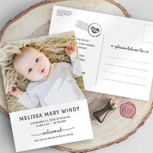 Modèle de carte postale de faire-part de naissance, carte de remerciement simple baby shower numérique, carte d'arrivée de nouveau-né avec photo, téléchargement immédiat
