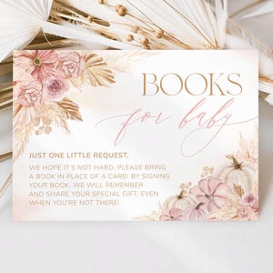Herfstroze pompoen babyshowerboeken voor babykaarten meisje, boekverzoek, breng boek baby, boho pampa bloemen uitnodiging invoegen | MM028