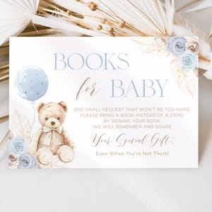 Modèle de livres de baby shower bleu ours garçon pour bébé, faire-part floral bohème pampas, apportez un livre au lieu d'une carte Demande de livre | MM030